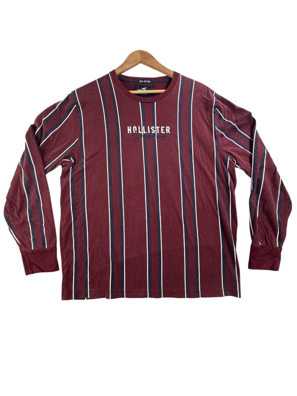 Hollister Shirt Mens XL Red Striped Long Sleeve Crewneck Logo Tee California Y2K
